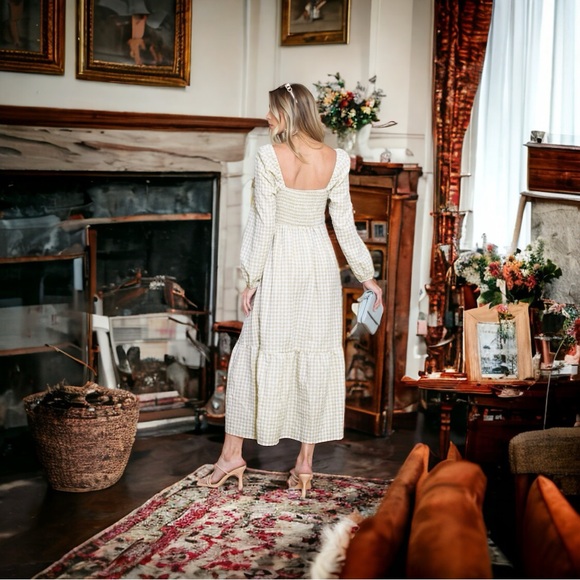 Khaki Plaid Ruffled Square Neck Smocked Tiered Maxi Dress - Picture 2 of 7